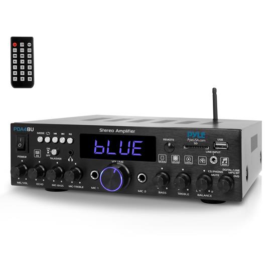 Pyle - PDA4BU.5 , Sound and Recording , Amplifiers - Receivers , Bluetooth Stereo Amplifier Receiver - Optical, Phono, Coaxial, FM Radio, USB & SD Memory Card Readers, Line (3.5 mm) Input, Digital LED Display, Microphone Inputs (200 Watt)
