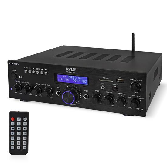 Pyle - pda65bu , Sound and Recording , Amplifiers - Receivers , Compact Home Theater Amplifier Stereo Receiver with Bluetooth Wireless Streaming, Independent Mic Echo & Volume Control, MP3/USB/SD/AUX/FM Radio, AV Inputs (200 Watt)