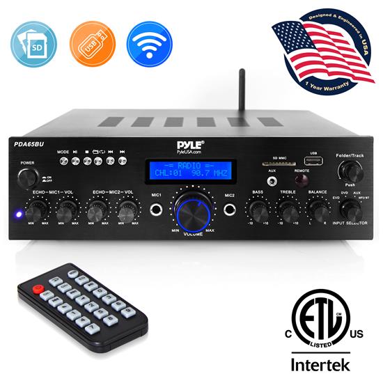 Pyle - pda65bu , Sound and Recording , Amplifiers - Receivers , Compact Home Theater Amplifier Stereo Receiver with Bluetooth Wireless Streaming, Independent Mic Echo & Volume Control, MP3/USB/SD/AUX/FM Radio, AV Inputs (200 Watt)
