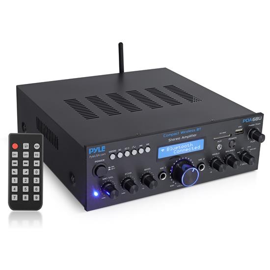 Pyle - PDA6BU.6 , Sound and Recording , Amplifiers - Receivers , Compact Bluetooth Stereo Amplifier - Desktop Audio Power Amp Receiver with FM Radio, MP3/USB/SD Readers, Digital LCD Display, Microphone Input (200 Watt).