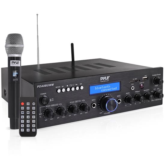 Pyle - PDA8BUWM , Sound and Recording , Amplifiers - Receivers , Compact Home Theater Amplifier Stereo Receiver with Bluetooth Wireless Streaming, UHF Wireless Microphone, Mic ECHO, and Volume Control, MP3/USB/SD/AUX/FM Radio, AV Inputs (200 Watt)
