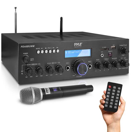 Pyle - PDA8BUWM , Sound and Recording , Amplifiers - Receivers , Compact Home Theater Amplifier Stereo Receiver with Bluetooth Wireless Streaming, UHF Wireless Microphone, Mic ECHO, and Volume Control, MP3/USB/SD/AUX/FM Radio, AV Inputs (200 Watt)