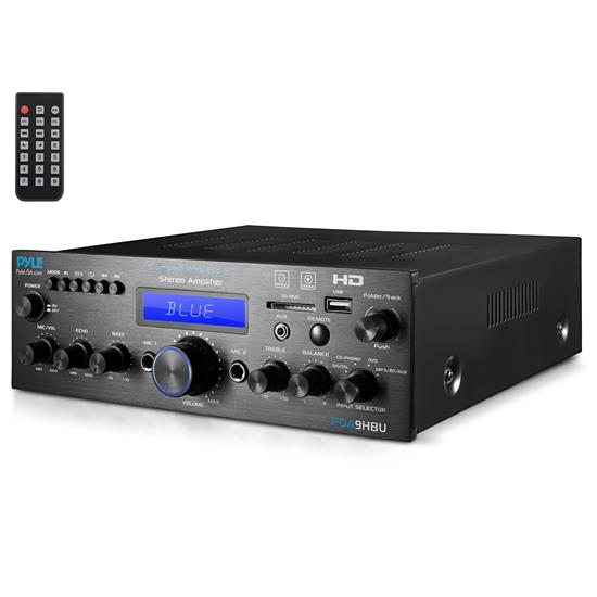 Pyle - PDA9HBU.5 , Sound and Recording , Amplifiers - Receivers , Compact Wireless Bluetooth Stereo Amplifier - Optical/Phono/Coaxial/FM Radio/Microphones/USB & SD Memory Card Readers, HDMI Inputs/Outputs with Digital LCD Display (200 Watt)