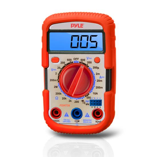 Pyle - PDMT28 , Tools and Meters , Multimeters - Electrical , Digital Backlit LCD Multimeter, AC, DC, Volt, Current, Resistance, Transistor, And Range W/ Protective Rubber Case