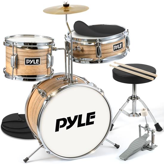 Pyle - PDRMKIT72N , Musical Instruments , 13'' 3-Piece Kids/Junior Drum Set - Metallic Striped Yellow Matt Drum Set with Throne, Cymbal, Pedal, Bass Drum, Tom and Drumsticks