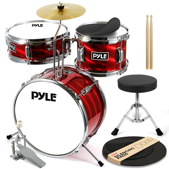 Pyle - PDRMKIT72RD , Musical Instruments , 13'' 3-Piece Kids/Junior Drum Set - Metallic Shiny Red Drum Set with Throne, Cymbal, Pedal, Bass Drum, Tom and Drumsticks