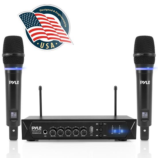 Pyle - CA-PDWM2120 , Musical Instruments , Microphone Systems , Sound and Recording , Microphone Systems , Home & Office UHF Wireless Microphone System - Bluetooth PA Public Address Mic System with MP3/USB Music Playback, (2) Rechargeable Handheld Mics