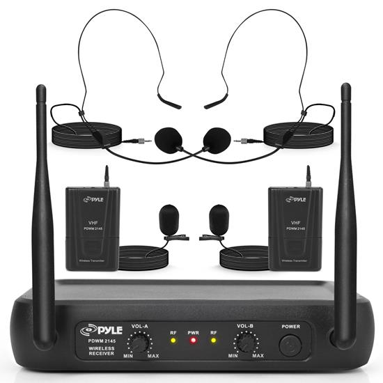 Pyle - PDWM2145 , Musical Instruments , Microphone Systems , Sound and Recording , Microphone Systems , Wireless Microphone System, VHF Fixed Frequency with Adjustable Volume Control, Includes (2) Body-Pack Transmitters, (2) Lavalier Mics, (2) Headset Mics