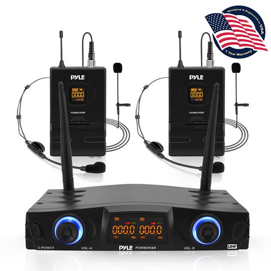 Pyle - PDWM2958B , Musical Instruments , Microphone Systems , Sound and Recording , Microphone Systems , Compact UHF Pro Wireless Microphone System - USB Powered Desktop Mic Receiver System with Adjustable Volume Control, Includes (2) Belt-Pack Transmitters, (2) Headsets & (2) Lavalier Mics (2-Channel)