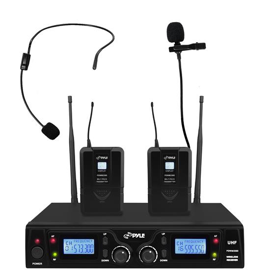 Pyle - PDWM3365 , Musical Instruments , Microphone Systems , Sound and Recording , Microphone Systems , Wireless Microphone System with (2) Body-Pack Transmitters, Headset & Lavalier Mics, UHF Selectable Frequency, LCD Display, Rack Mountable
