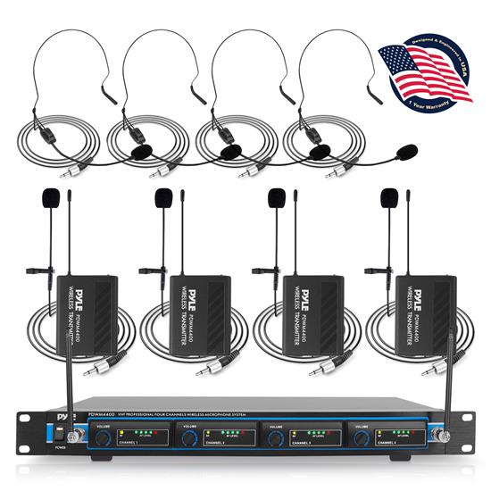 Pyle - PDWM4400 , Musical Instruments , Microphone Systems , Sound and Recording , Microphone Systems , 4-Channel VHF Wireless Microphone System Kit with (4) Headsets, (4) Belt-Packs & (4) Lavalier Mics, Rack Mountable