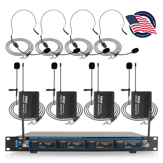 Pyle - pdwm4400 , Musical Instruments , Microphone Systems , Sound and Recording , Microphone Systems , 4-Channel VHF Wireless Microphone System Kit with (4) Headsets, (4) Belt-Packs & (4) Lavalier Mics, Rack Mountable