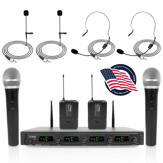 Pyle - PDWM4540 , Musical Instruments , Microphone Systems , Sound and Recording , Microphone Systems , Wireless Microphone System, UHF Quad Channel Fixed Frequency - Includes (2) Handheld Microphones, (2) Body-Pack Transmitters, (2) Headset & (2) Lavalier Mics, Rack Mountable