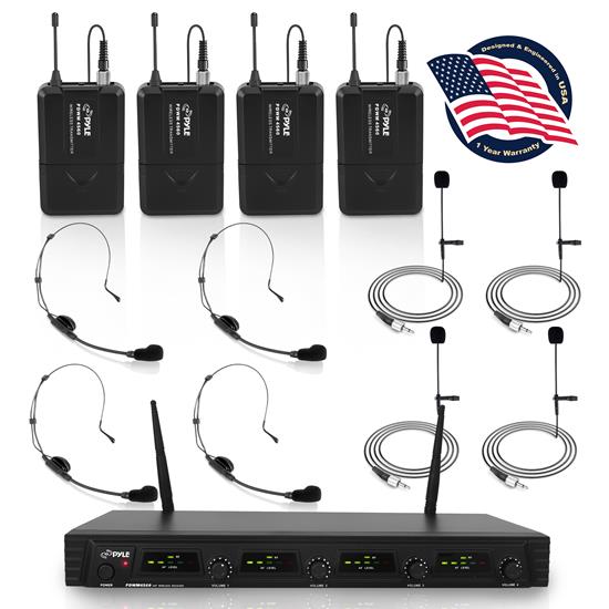 Pyle - PDWM4560 , Musical Instruments , Microphone Systems , Sound and Recording , Microphone Systems , Wireless Microphone System, UHF Quad Channel Fixed Frequency, Rack Mount, Includes (4) Belt-Pack Transmitters, (4) Headset Mics & (4) Lavalier Mics