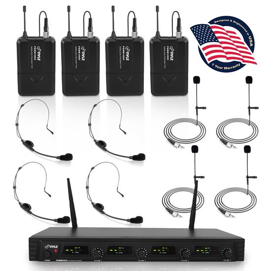 Pyle - PDWM4560.5 , Musical Instruments , Microphone Systems , Sound and Recording , Microphone Systems , Microphone System, Rack Mount, Includes (4) Belt-Pack Transmitters, (4) Headset Mics & (4) Lavalier Mics