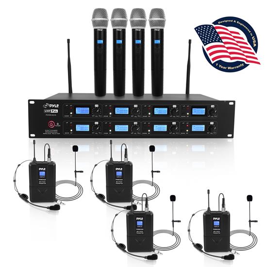 Pyle - PDWM8225 , Musical Instruments , Microphone Systems , Sound and Recording , Microphone Systems , 8-Channel UHF Wireless Microphone & Receiver System - Includes (4) Handheld Mics, (4) Belt-Packs, (4) Headsets, (4) Lavaliers