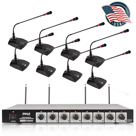 Pyle - PDWM8300 , Sound and Recording , Microphone Systems , 8-Ch. Conference Wireless Microphone System - VHF Desktop Office Conference Mic System with (8) Tabletop Goosenecks Mics