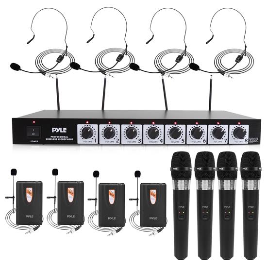 Pyle - PDWM8700.5 , Musical Instruments , Microphone Systems , Sound and Recording , Microphone Systems , 8 Channel Wireless Microphone System - Rack Mountable with 4 Lavalier Mics, 4 Headsets, & 4 Handheld Mics