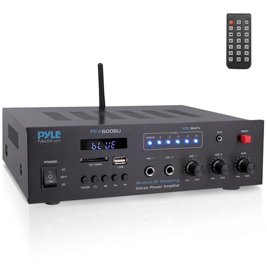 Pyle - PFA600BU , Sound and Recording , Amplifiers - Receivers , Bluetooth Public Address Amplifier - Compact PA Speaker & Microphone Receiver System with (2) Mic Inputs, MP3/USB/SD Readers, FM Radio (300 Watt)