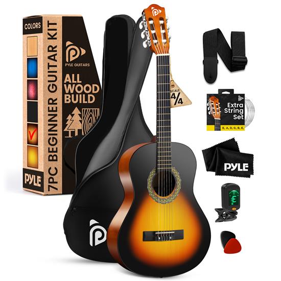 Pyle - PGACLS90SBD , Musical Instruments , String & Wind Instruments , 39" 6-String Classic Guitar with Digital Tuner and Accessory Kit (Sunburst Teardrop)