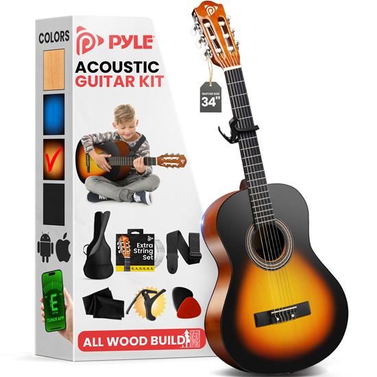Pyle - PGACMS40SBD.5 , Musical Instruments , String & Wind Instruments , 34" 6-String Classical Acoustic Guitar for Beginner and Adult with Accessory Kit (Sunburst Teardrop)