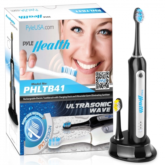 Pyle - PHLTB41BK , Health and Fitness , Toothbrushes - Oral Hygiene , Pyle Health Ultrasonic Wave Rechargeable Electric Toothbrush with Automatic Charging Dock Base, Ultra Quiet Operation (Black)