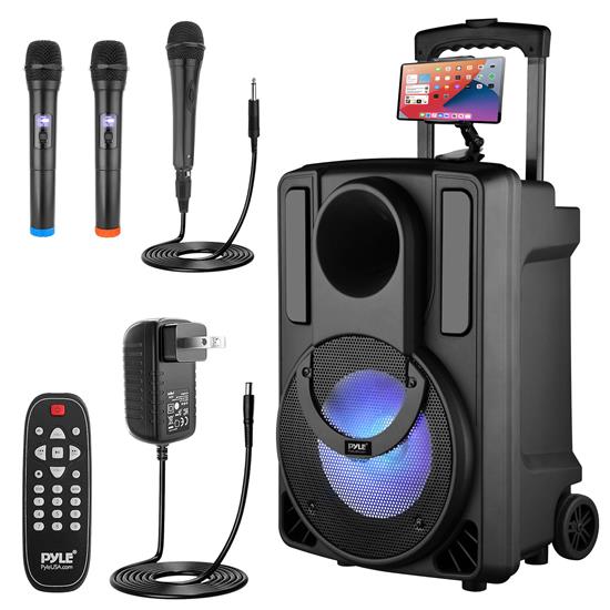 Pyle - PHPWA10TB.5 , Sound and Recording , PA Loudspeakers - Cabinet Speakers , 10’’ Bluetooth Portable PA Speaker - Portable PA & Karaoke Party Audio Speaker with Built-in Rechargeable Battery, Two Wireless Microphone, Wired Microphone, Tablet Stand, Flashing Party Lights, MP3/USB/ /FM Radio