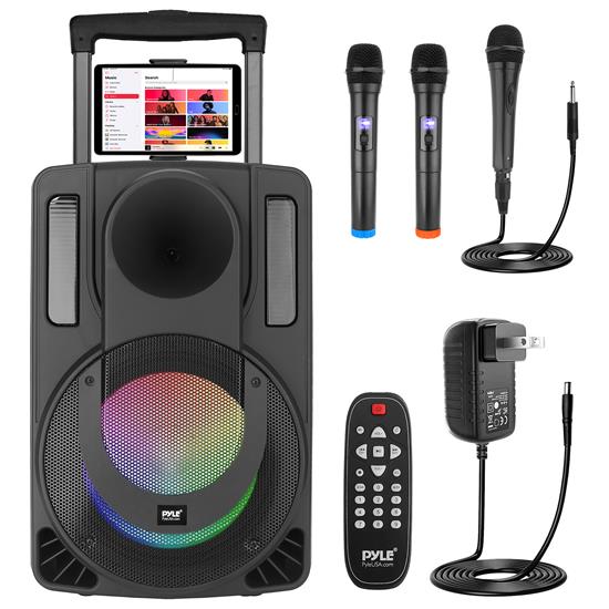 Pyle - PHPWA12TB , Sound and Recording , PA Loudspeakers - Cabinet Speakers , 12’’ Bluetooth Portable PA Speaker - Portable PA & Karaoke Party Audio Speaker with Built-in Rechargeable Battery, Two Wireless Microphone, Wired Microphone, Tablet Stand, Flashing Party Lights, MP3/USB/ /FM Radio