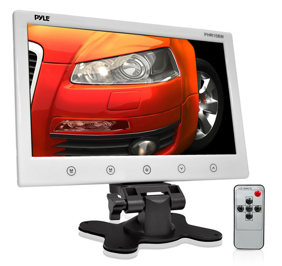 Pyle - PHR108W , On the Road , Video Monitors , 10'' Hi-Res Widescreen Digital Monitor Display Screen, Dual RCA Video Input Connectors, Detachable Shroud Mount Housing (White)