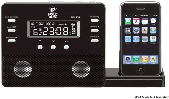 Pyle - PICL45B , Home and Office , Alarm Clock Radios - Plug-in Speakers , Enhanced iPod/iPhone Alarm Clock Speaker System W/ Am Fm Radio and Remote Control (Black)