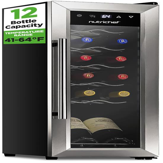 Pyle - PKCWC12 , Kitchen & Cooking , Fridges & Coolers , Home Wine Cooler Fridge - Smart Wine Cooler Chilling Refrigerator with Digital Touchscreen Control, Adjustable Temp (12 Bottle Storage Capacity)
