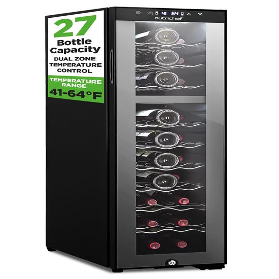 Pyle - PKCWCDS275 , Kitchen & Cooking , Fridges & Coolers , Wine Chilling Refrigerator Cellar - Dual-Zone Wine Cooler/Chiller, Digital Touch Button Control with Air Tight Seal, Contains Placement for Standing Bottles (27 Bottle Storage Capacity)