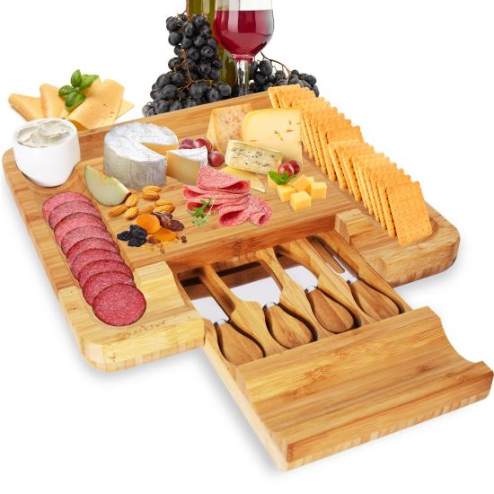 Pyle - PKCZBD10.5 , Kitchen & Cooking , Kitchen Tools & Utensils , Bamboo Cheese Cutting Board Set - Flat Wood Serving Platter for Picnic Food or Wine - Rectangle Fruit and Meat Plate Kit w/ Bowl, Closing Drawer Tray, 4 Stainless Steel Knives - NutriChef PKCZBD10