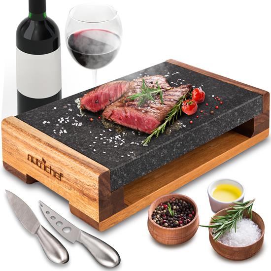 Pyle - PKLVST41 , Kitchen & Cooking , Kitchen Tools & Utensils , Natural Granite Stone Sizzling Steak Plate - Grilled Meat Food Presentation Serving Platter Set with Stainless Steel Knives