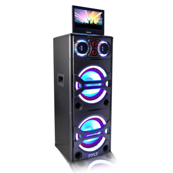 Pyle - PKRK215 , Sound and Recording , PA Loudspeakers - Cabinet Speakers , Bluetooth PA Loudspeaker Karaoke Entertainment Audio & Video System, Active Powered Speaker with Multimedia Disc Player with 10'' Display, Flashing DJ Party Lights, MP3/USB/SD, FM Radio, Wireless Mic