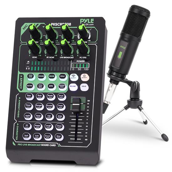 Pyle - PKSCRD308 , Sound and Recording , Mixers - DJ Controllers , Compact Pro Live Broadcast Sound Card with Condenser Microphone - Wireless BT Streaming with 8 Sound Effects, 12 Ambient Music, 8 Control Knobs