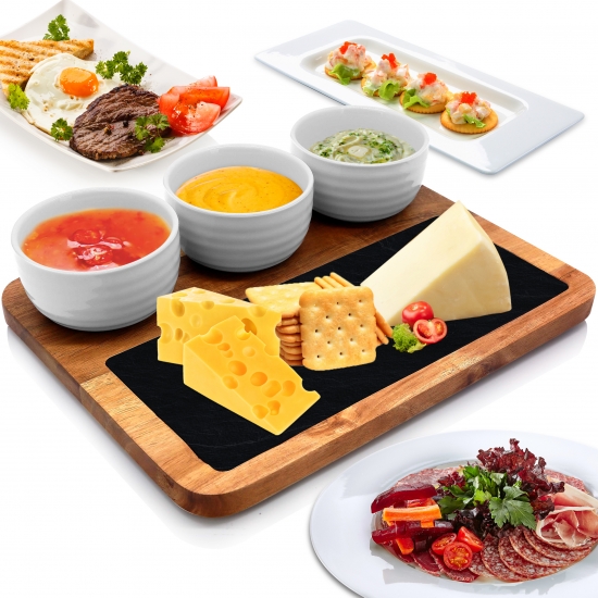 Pyle - PKSNKB10 , Kitchen & Cooking , Kitchen Tools & Utensils , Cheese & Snack Presentation Platter - Sauce Bowls and Wood Serving Tray Set with Slate Stone