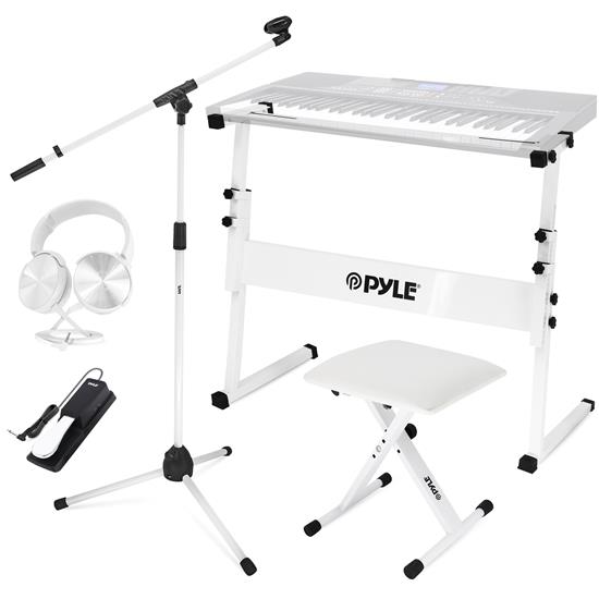 Pyle - PKST20SW , Musical Instruments , Instrument Accessories , Heavy-Duty Keyboard Accessories - Includes Z Shape Keyboard Stand, Headset, Keyboard Stool, Microphone Stand, and Sustain Pedal (White)