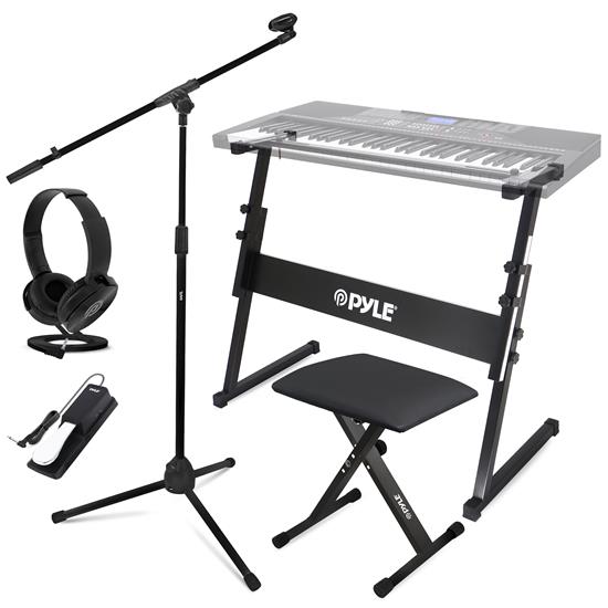 Pyle - PKST22SB , Musical Instruments , Instrument Accessories , Heavy-Duty Keyboard Accessories - Includes Z Shape Keyboard Stand, Headset, Keyboard Stool, Microphone Stand, and Sustain Pedal (Black)