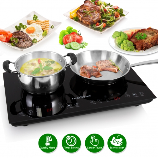 Pyle - PKSTIND48 , Kitchen & Cooking , Cooktops & Griddles , Electric Induction Cooktop - Digital Kitchen Countertop Hot Plate Burners with Adjustable Temperature Control, Ceramic Glass (Dual Zone)