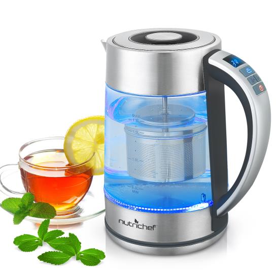 Pyle - PKWTK75.5 , Kitchen & Cooking , Water & Tea Kettles , Digital Hot Water Tea Brewer Kettle - Glass Kettle with Tea Infuser, Adjustable Temperature Control, Stainless Steel