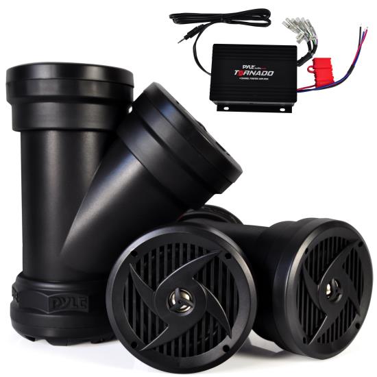 Pyle - PLATV650 , On the Road , Motorcycle and Off-Road Speakers , Dual Waterproof Powered Speaker Sound Systems, 4-Channel Amplifier, (4) 6.5'' Speakers, 1200 Watt (For ATV, UTV, 4x4, Off-Road Vehicles)
