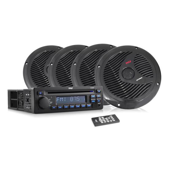 Pyle - PLCD4MRKT , Marine and Waterproof , Receiver & Speaker Kits , Stereo Radio Headunit Receiver & Speaker Kit, Aux (3.5mm) MP3 Input, USB Flash & SD Card Readers, CD Player, Remote Control, Includes (4) Waterproof 6.5'' Speakers, Single DIN (Black)