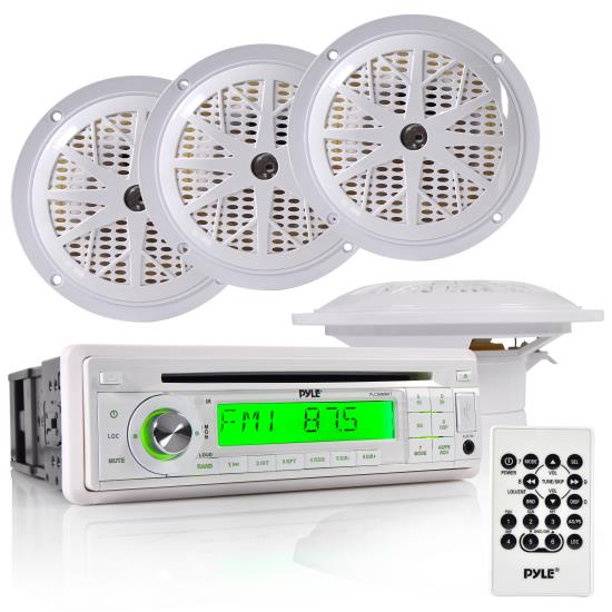 Pyle - PLCD6MRKT , Marine and Waterproof , Receiver & Speaker Kits , Marine Stereo Receiver & Speaker Kit with CD Player, AM/FM Radio, MP3/USB/SD Readers, Single DIN, (4) Waterproof 5.25'' Speakers, Splash-Proof Radio Shield (White)