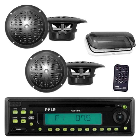 Pyle - PLCD7MRKT , Marine and Waterproof , Receiver & Speaker Kits , Marine Stereo Radio Headunit Receiver & Speaker Kit, MP3/USB/SD Readers, CD Player, AM/FM Radio, Single DIN, (4) Waterproof 5.25'' Speakers, Splash Proof Cover (Black)