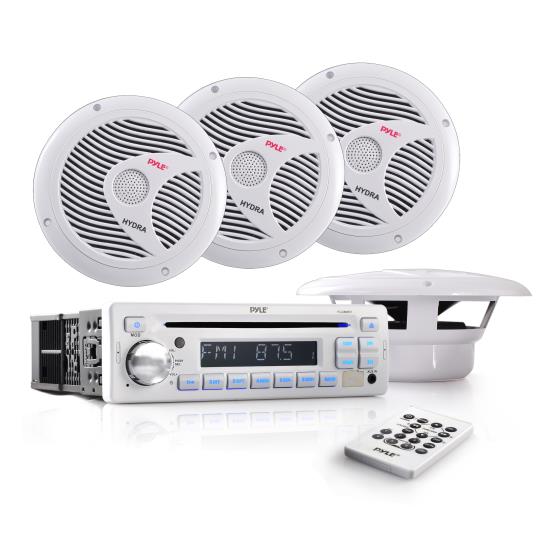 Pyle - PLCD8MRKT , Marine and Waterproof , Receiver & Speaker Kits , Stereo Radio Headunit Receiver & Waterproof Speaker Kit, Aux (3.5mm) MP3 Input, USB/MP3 Reader, CD Player, Remote Control, Includes (4) 6.5'' Speakers, Single DIN (White)