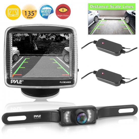 Pyle - PLCM34WIR , On the Road , Rearview Backup Cameras - Dash Cams , Wireless Rear View Backup Camera and Monitor Parking/Reverse Assist System, 3.5'' Display Screen, Distance Scale Lines, Night Vision Waterproof Cam, Swivel Angle Adjustable