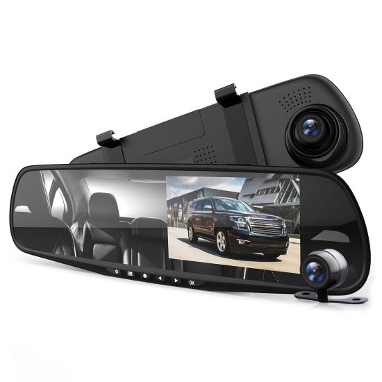 Pyle - PLCMDVR49 , On the Road , Rearview Backup Cameras - Dash Cams , HD 720p DVR Rearview Mirror Dash Cam Kit - Dual Camera Vehicle Video Recording System with Waterproof Backup Cam, 4.3’’ -inch Display