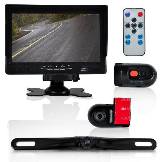 Pyle - PLCMDVR72 , On the Road , Rearview Backup Cameras - Dash Cams , DVR Dash Cam Vehicle Driving Video Camera & Monitor System Kit, Waterproof Rearview Backup Parking Camera, (2) Interior DVR Cams, 7'' Display