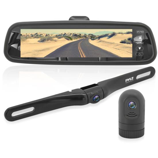 Pyle - PLCMDVR77.5 , On the Road , Rearview Backup Cameras - Dash Cams , HD Video Recording System with Rearview Mirror Monitor, 7.4’’ -inch LCD Display, Compact Dash Cam, Rear-View Backup Camera